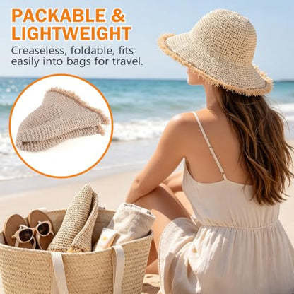 Women's Straw Bucket Sun Hat, Packable Floppy Wide Brim Beach Hat - color: Beige