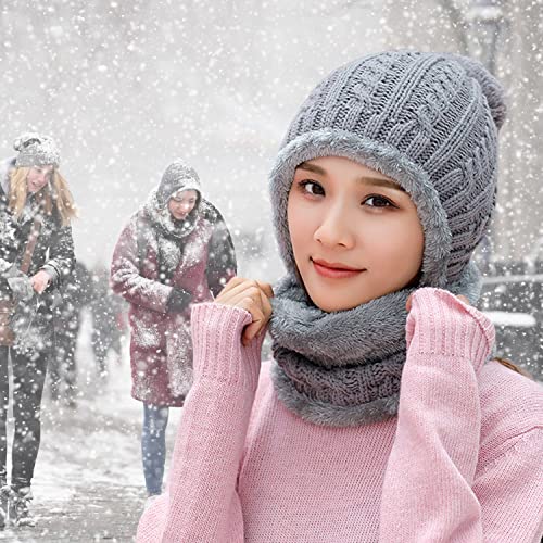 HUAMULAN Women Winter Knit Beanie Hats One Piece Fleece Lined Balaclavas - color: M8863-gray