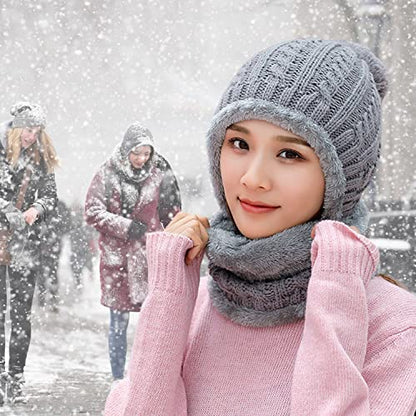 HUAMULAN Women Winter Knit Beanie Hats One Piece Fleece Lined Balaclavas - color: M8863-gray