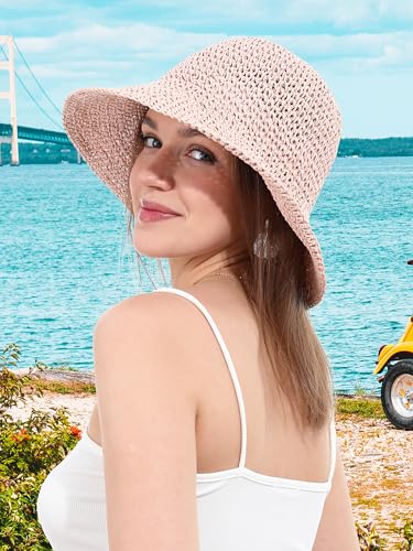 sy soul young Women's Straw Sunhat Wide Brim Hand Woven Beach Bucket Hat - color: Pink