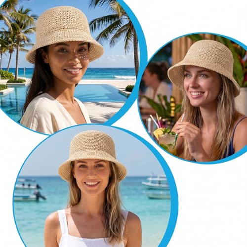 Raffia Bucket Hat, Womens Straw Sun Hat Wide Brim UPF 50+ UV Protection, Handmade Foldable Raffia Bucket Hats for Summer Travel, Packable Floppy Cap for Vacation Beige