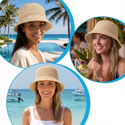 Raffia Bucket Hat, Womens Straw Sun Hat Wide Brim UPF 50+ UV Protection, Handmade Foldable Raffia Bucket Hats for Summer Travel, Packable Floppy Cap for Vacation Beige