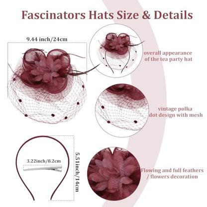 Semato Fascinators Hats for Women Mesh Feathers Elegant Burgundy Tea Party Kentucky Hat Derby Headband with Hair Clip - color: Burgundy