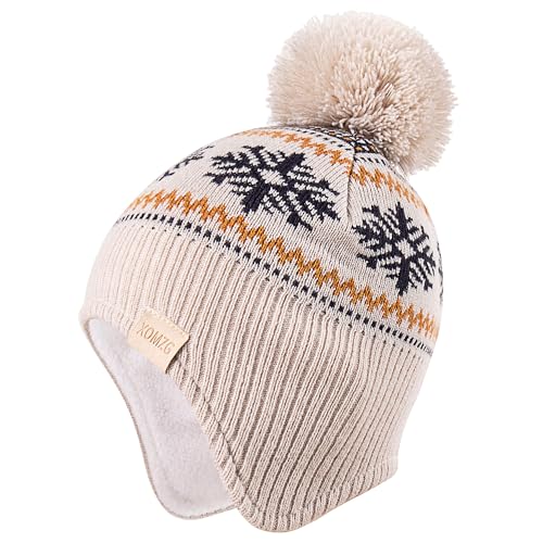 Beanie Knit Hats for Toddlers with Earflap Fleece Lined Hat Kids Warm Winter Hat Scarf Set Children's Thick Ski Cap - color: Snowflakes-beige