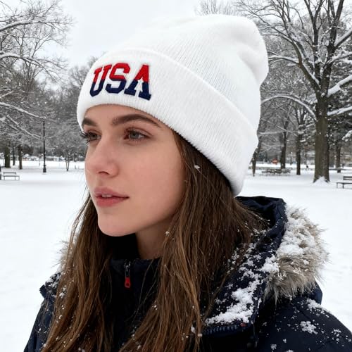 American Flag Beanie, USA Embroidered Winter Hat for Women Men - color: Usa-white