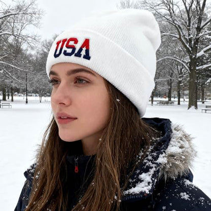 American Flag Beanie, USA Embroidered Winter Hat for Women Men - color: Usa-white