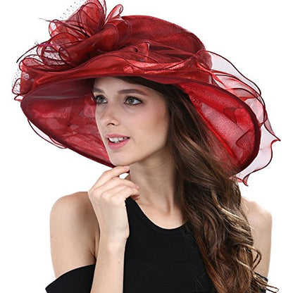 Janey&Rubbins Women's Feathers Floral Fascinating Wide Brim Lightweight Church Derby Hat - color: Burgundy