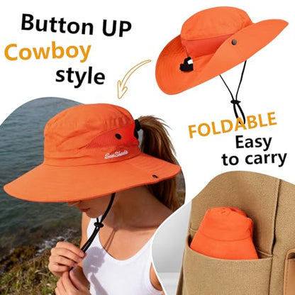ZOORON Women's Ponytail Safari Sun Hat,Wide Brim UV Protection Bucket Hat - color: 1- Pure Orange