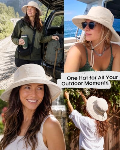 FURTALK Sun Hats for Women Wide Brim Ponytail UV Packable Hiking Travel - color: Beige
