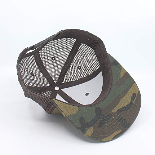 Plain Cotton Twill Flat Brim Mesh Adjustable Snapback Trucker Baseball Cap - color: Camo/Camo/Dark Brown
