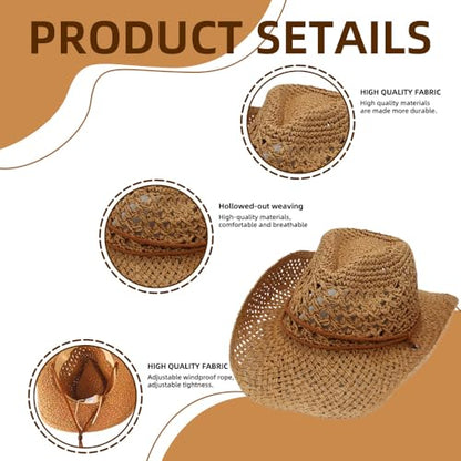 Women/Men Straw Cowboy Hat Wide Brim Sun Beach Cowgirl Hat Summer Western Cowboy for Travel Outdoor Family - color: Khaki