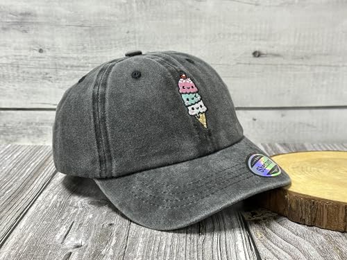 Embroidered Baseball Hats for Girls Boys - color: Triple Scoop Ice Cream Cone (Washed Black)