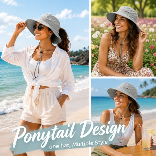Womens Ponytail Sun Hat UPF50+ Waterproof Bucket Hat Packable Beach Hat - color: Light Grey