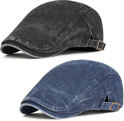 Initlove Mens Newsboy Cap Washed Beret Ivy Hat Flat Hats for Cabbie Driving - color: Black + Navy