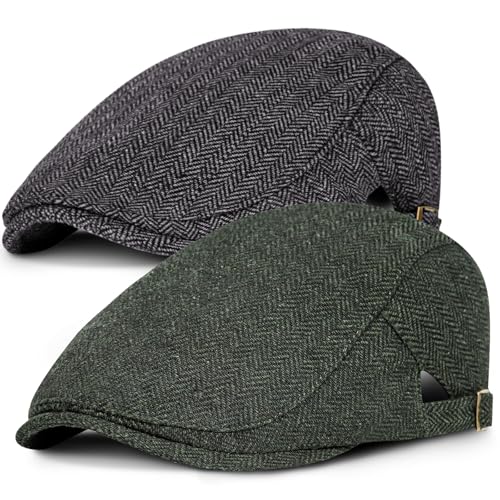 Senker Fashion 2 Pack Newsboy Cap for Men, Wool Blend Tweed Flat Cap - color: Black Green