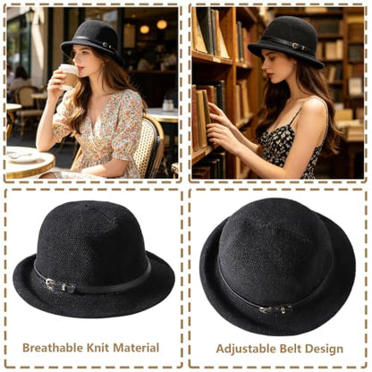 Women Beach Cloche Sun Bucket Hat Rolled Church Hat Folded Shipping - color: Belt/Black