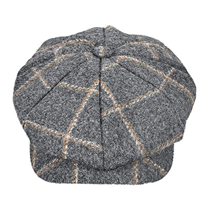 Mens Newsboy Cap High Woolen Tweed Gatsby Hat Ivy Cabbie Flat Golf Cap for Fathers Women Unisex - color: Big Plaid Grey, size: 7-7 1/8