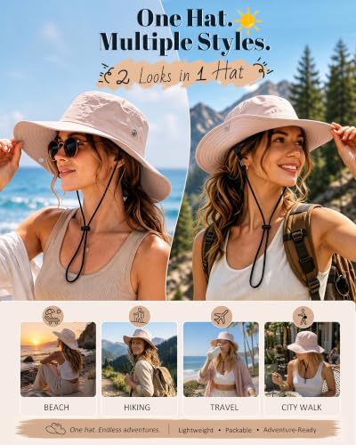 Wide Brim Waterproof Bucket Rain Hat for Women Men UPF50+ Cowboy Sun Hat - color: Blush Pink