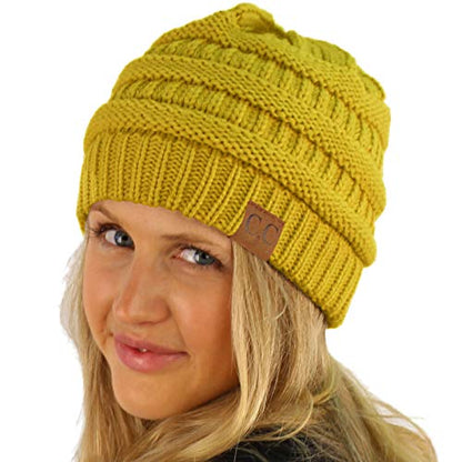 CC Classic Winter Fall Trendy Chunky Stretchy Cable Knit Beanie Hat - color: Solid Mustard