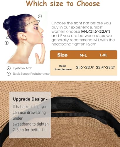 FURTALK Womens Beach Sun Straw Hat Wide Brim UV Protection Travel Hat - color: Khaki-deep Coffee, size: Medium-Large