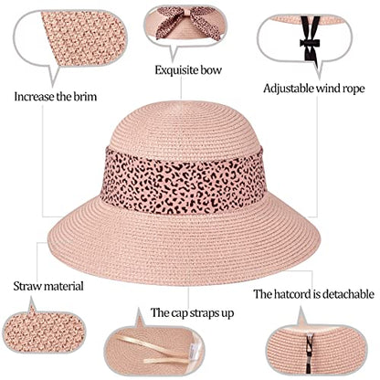Womens Straw Sun Hat Summer Beach Wide Brim UV Protection Hats with Chin Strap Floppy Foldable Cute Bowknot UPF 50 Cap - color: Leopard Pink