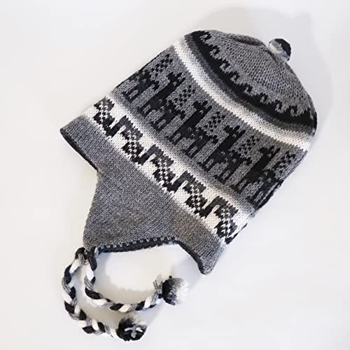 Alpaca Wool Blend Winter Hat Chullo Inca Peruvian Design Reversible with Earflaps. Beanie Medium Size. Unisex - color: Black/Dark Gray
