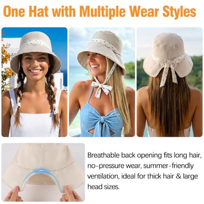 Babalet Linen Blend Sun Hat for Women Wide Brim Beach Bucket Hat - color: Beige- Ponytail Opening