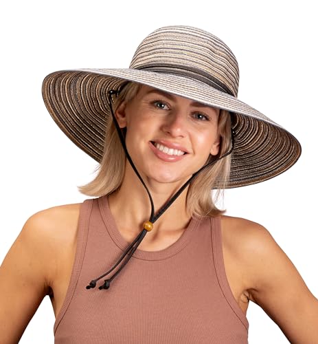 Sloggers Women's Wide Brim Braided Sun Hat with Wind Lanyard - UPF 50+ Maximum Sun Protection - color: Earth Brown