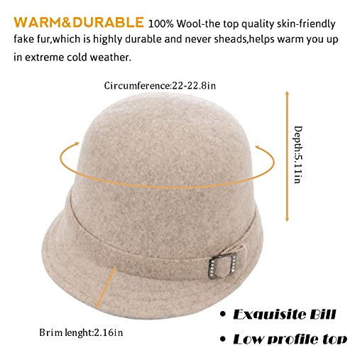 Winter Cloche 100% Wool Bucket Hat for Women Elegant Dress 1920s Vintage Fedora Hats Church Derby Party Fashion - color: 2beige