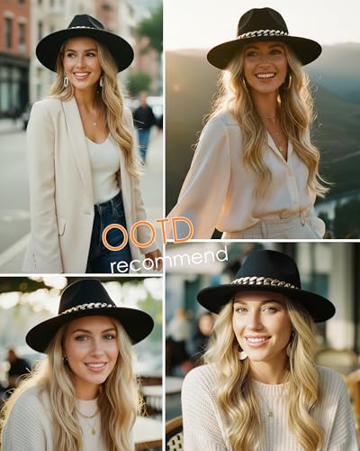 Men & Women Wide Brim Fedora Hat with Chain Buckle - color: Chain Belt-black