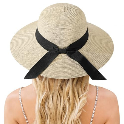 Beach Hat for Women, Wide Brim Sun Straw, UPF 50+ Foldable Floppy Sun Hat - color: A-beige