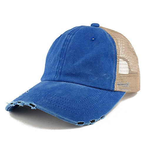 Trendy Apparel Shop Pigment Dyed Front Mesh Back Frayed Bill Trucker Cap - color: Royal