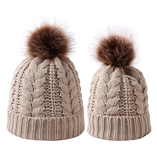 2PCS Parent-Child Knit Hat Family Matching Winter Warmer Hat Mother & Baby Crochet Beanie Ski Cap with Pom - color: Khaki