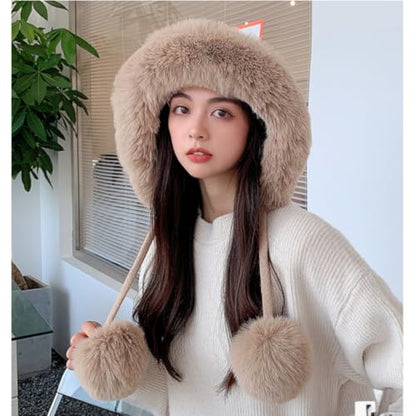 Winter Pompom Beanie Hats for Women Fluffy Knit Skull Cap Womens Faux Fur Crochet Warm Bucket Outdoor Ear Cover - color: Brown