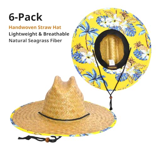 6 Pack Straw Hats – Bulk Wide Brim Lifeguard Sun Hats for Men & Women with Adjustable Chin Strap - color: Natural Straw With Yellow Floral Lining