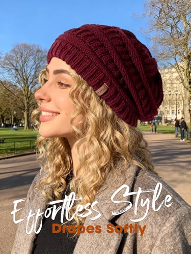FURTALK Winter Beanie Hat for Women Satin Lined Cable Knit Chunky Slouchy Beanies Skull Warm Cap - color: Aged Brick