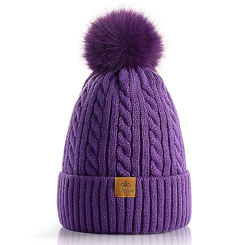 PAGE ONE Women Winter Pom Pom Beanie Hats Warm Fleece Lined Knit Hat Chunky Trendy Cute Cap - color: Light Purple-1