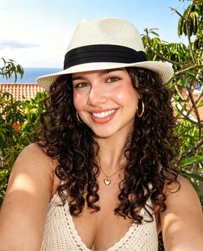 Straw Fedora Hat for Women Men Short Brim Panama Hats Derby Trilby Hats Breathable Packable Summer Beach Sun Hat - color: White Black