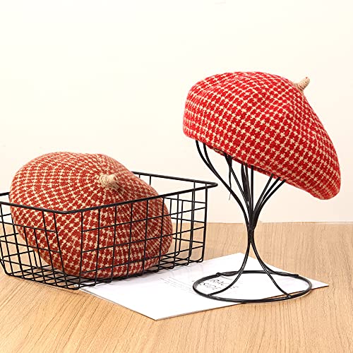 Women Winter Classic Beret Hat Newsboy Cap Painter Hats Houndstooth Beret Hats - color: Jd05 Red