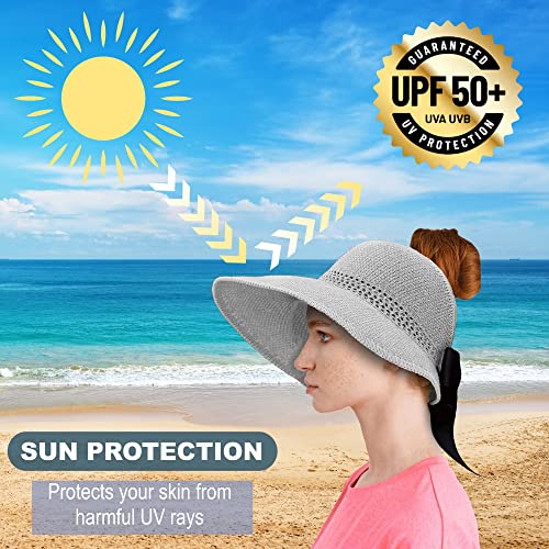 Straw Sun Visor for Women, Wide Brim UPF 50+ Protection Beach Hat, Adjustable, Roll Up Foldable Ponytail Cap with Chin Strap - color: A Light Grey