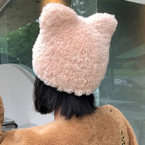 Cat Ears Fleece Lined Brimmed Beanie Hats Winter Golf Cap Brim Bill Visor Women - color: White