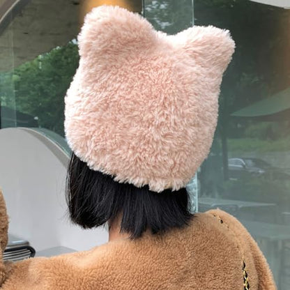 Cat Ears Fleece Lined Brimmed Beanie Hats Winter Golf Cap Brim Bill Visor Women - color: White