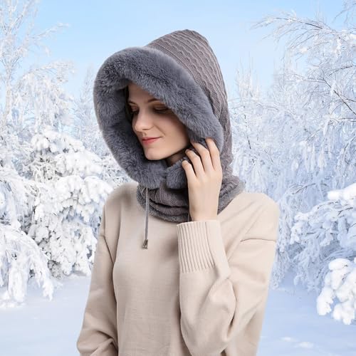 HUAMULAN Women Cable Knit Balaclavas Winter Fleece Lined Beanie Hat - color: Grey