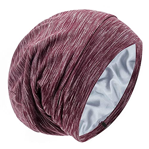 Silk Satin Lined Bonnet Sleep Cap - Adjustable Stay on All Night Hair Wrap Cover Slouchy Beanie for Curly Hair Protection for Women and Men - Heather Burgundy - color: Heather Burgundy, size: One Size