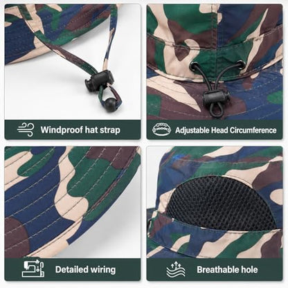 HUAMULAN Men Wide Brim Sun Hat Summer Outdoor Women Bucket Fishing Hats - color: Camouflage Green