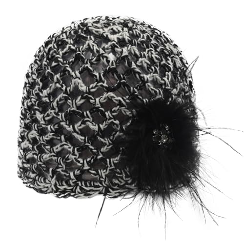 ZLYC Women Crochet Beanie Hat Summer Handmade Knit Decorated Skull Cap - color: Feather Black Mixed White Black