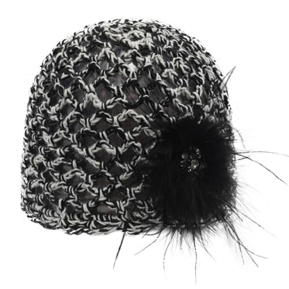 ZLYC Women Crochet Beanie Hat Summer Handmade Knit Decorated Skull Cap - color: Feather Black Mixed White Black