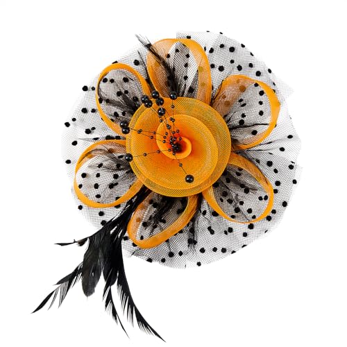 Century Star 2026 Kentucky Hat Derby Fascinator for Women Tea Party Flower Mesh Ribbons Feathers Headband Hair Clips - color: Orange Black