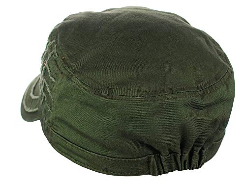 D&Y Unisex 100% Cotton Military Cadet Hat - Distressed Frayed Flat Top Cap - Adjustable Everyday Patrol Hat - color: Olive