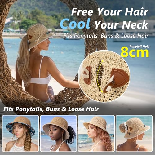 TOP-EX Summer Beach Straw Sun Hats for Women Cooling Ponytail Bucket Wide Brim Packable UV Protection Fashion Ladies M Natural